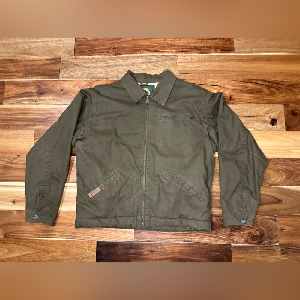 Cabela’s sherpa lined canvas work jacket. Dark olive. L.